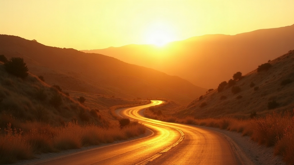 Carretera comarcal serpenteando entre colinas secas al atardecer, con la luz dorada baja sobre el horizonte.